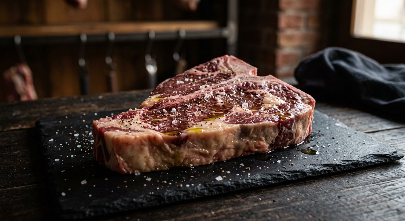 Bistecca con osso su ardesia in bottega